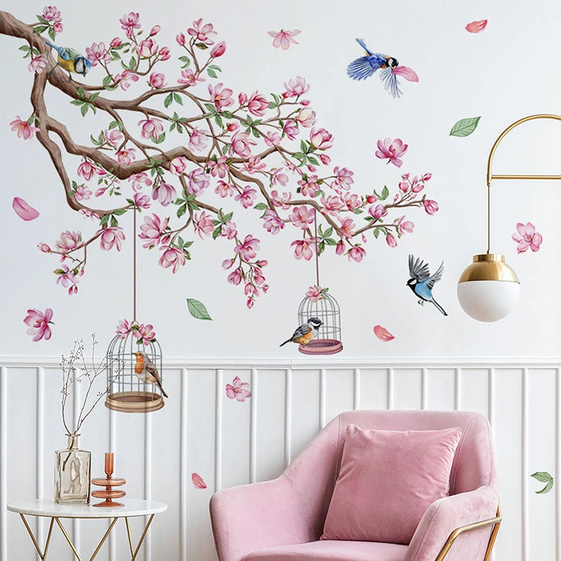 Pink Peach Blossom Bird Wall Decal - Self-Adhesive Art Sticker for Bedroom Living Room