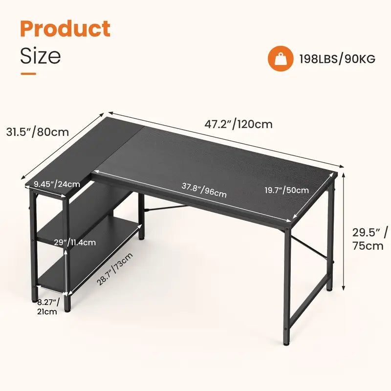 L-Shaped Computer Desk with Reversible Shelves - 47 Inch Corner Gaming & Office Table