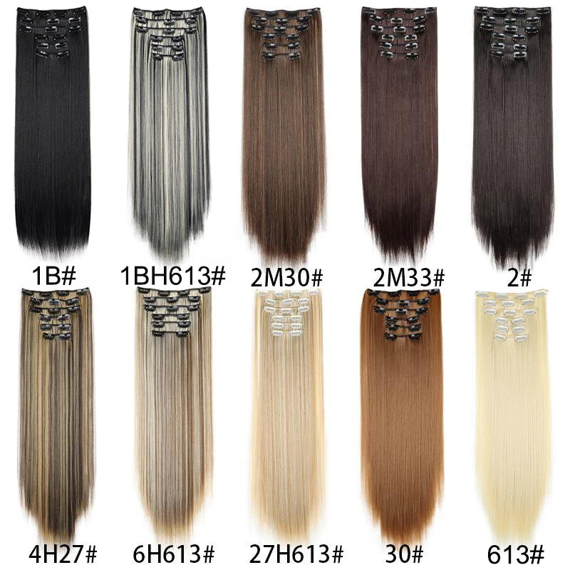 6-Piece Set Long Straight Clip-In Hair Extensions - 24 Inch Full Head Styling