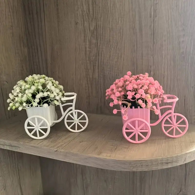 Modern Bicycle Flower Basket with Artificial Flowers for Home Decor - White, Blue, Pink