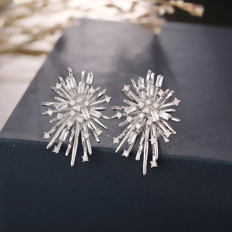 Korean Style Firework Flower Clip-On Earrings Without Piercing Zirconia Jewelry for Women