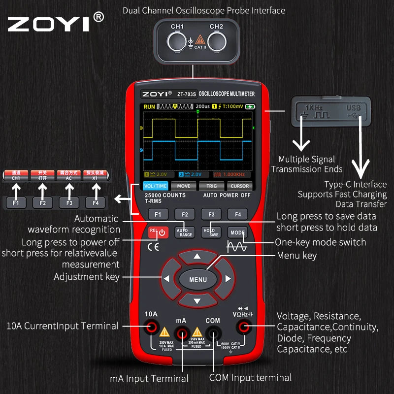 Dual-Channel Oscilloscope Multimeter Signal Generator - High Precision Multi-Instrument