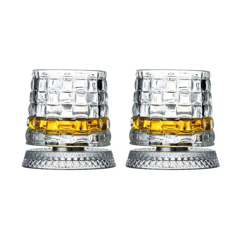 Rotating Whiskey Glass Set 2PCS with Glass Base 360° Spin for Cocktails & Rum