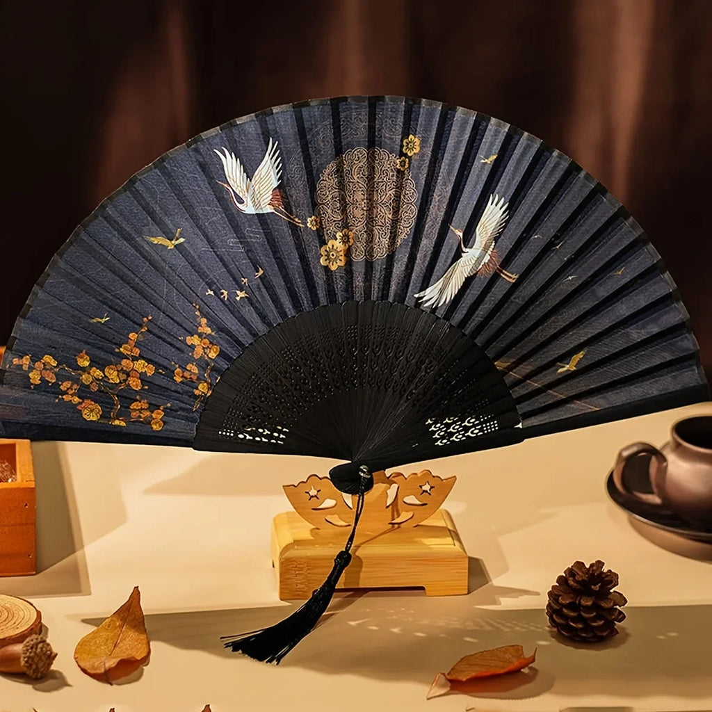 Vintage Chinese Hand Fan with Cranes Pattern Folding Fan for Travel & Performances