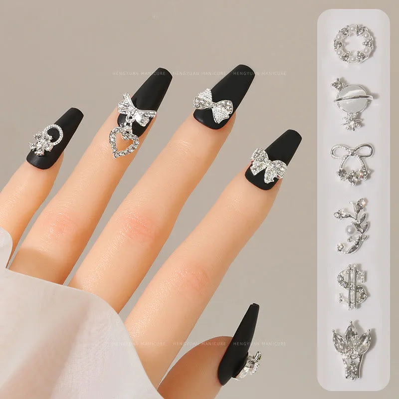 Shaped Rhinestones Nail Charms 10/15pcs Metal Heart Bowknot Nail Art Decorations