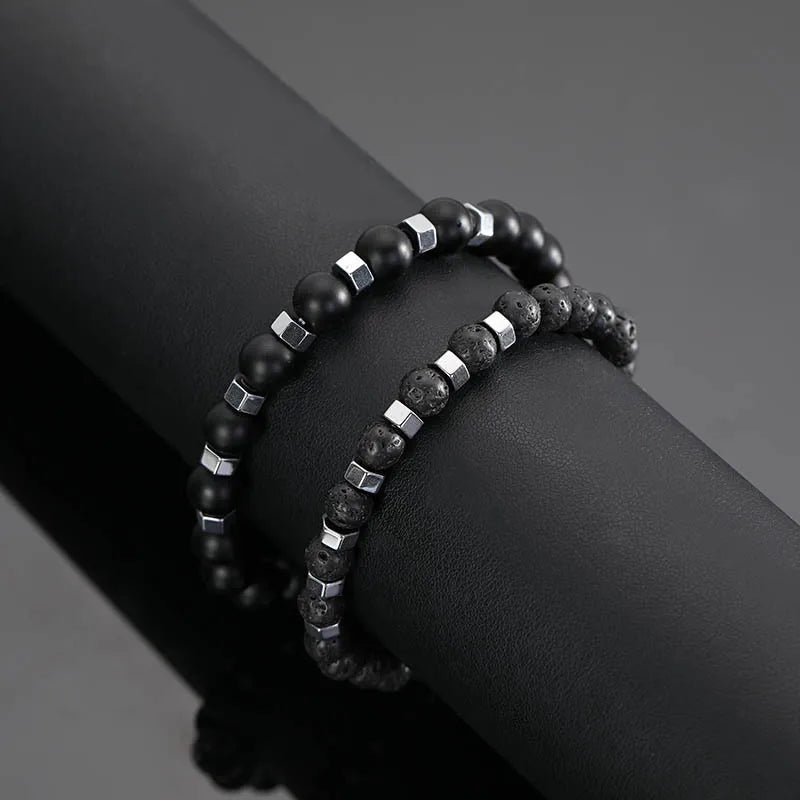 Men's Beaded Bracelet Set - Frosted Black Volcanic Stone Double Layer Jewelry