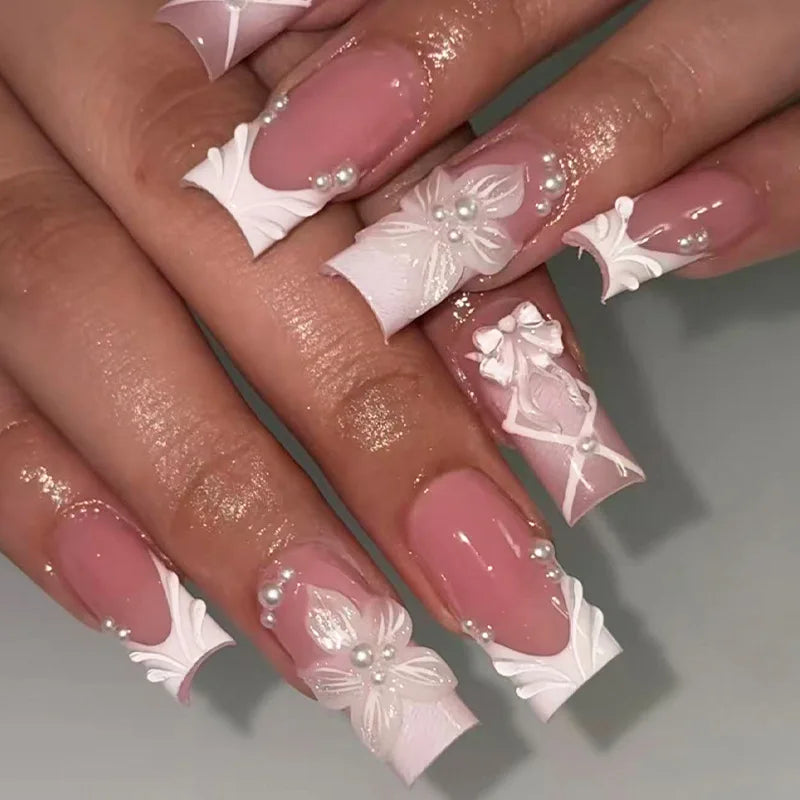 24PCS Nude Pink Fake Nails Set with 3D Bowknots & Flower Design - French Style Press On Tips