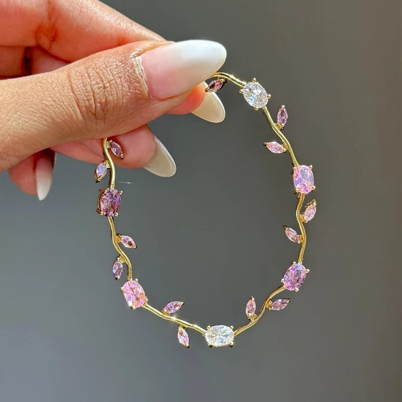 Pink Zirconia Crystal Flower Bow Bracelet for Women Adjustable 18K Gold Plated