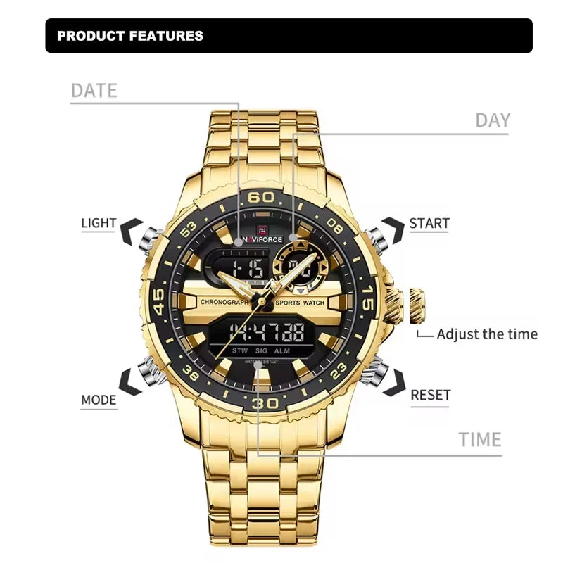 Men's Fashion Sport Waterproof Quartz Wrist Watch with Stainless Steel Strap