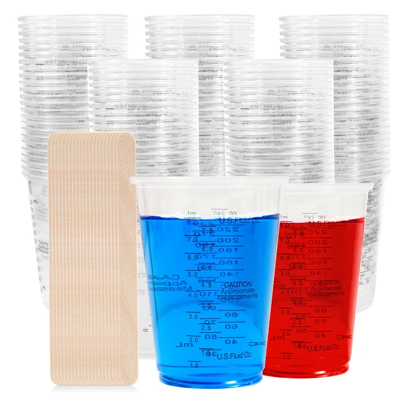 Disposable Measuring Cups with Stirring Sticks for Baking, Painting, Mixing - 8oz, Multi-Color