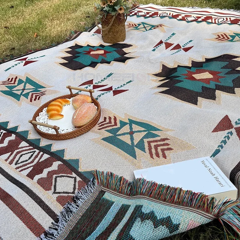 Oversized Boho Throw Blanket with Fringe Southwestern Geometric Design