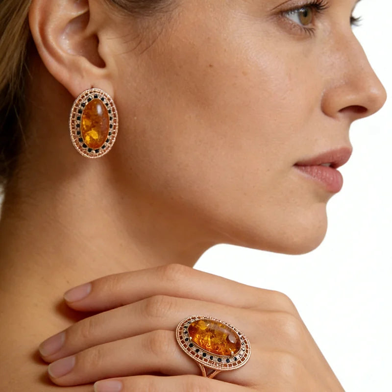 Vintage Amber and Zircon Jewelry Set for Women - Rose Gold Finish