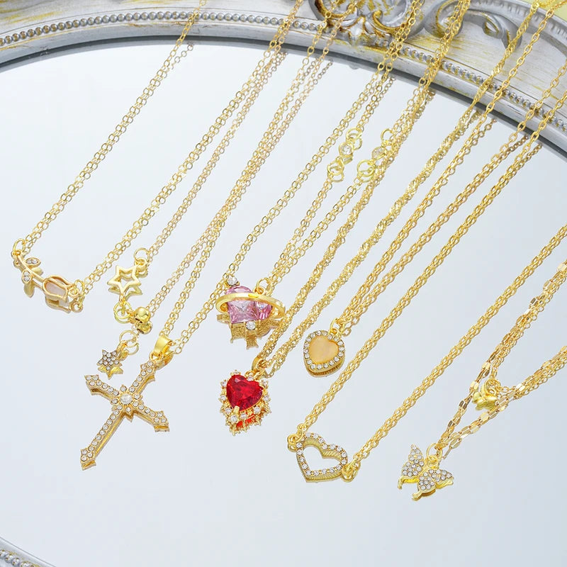 8-Piece Necklace Set for Women - Elegant Gold Tone Pendant Jewelry with Butterfly Heart Rose & Star Charms