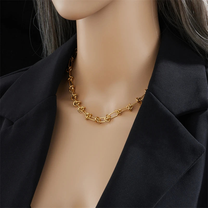 Unisex Twist Knot Necklace and Bracelet Set - Gold Silver Tone Jewelry