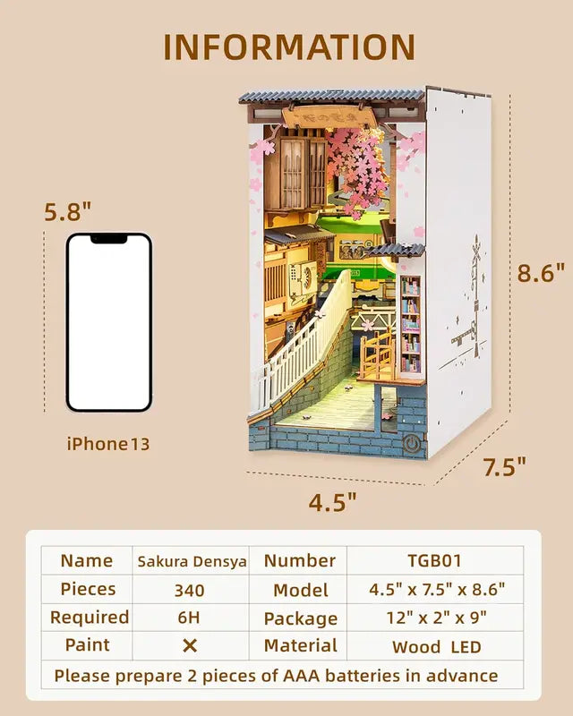 DIY Wooden Book Nook Kit with LED Light - Sakura Densya Japan Miniature House Model