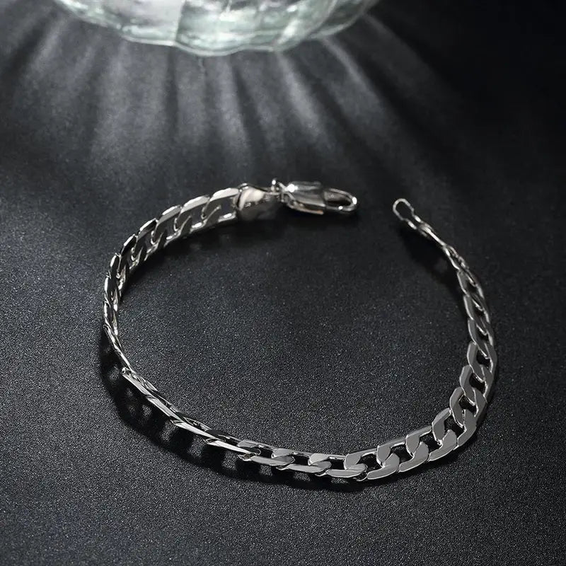 Sterling Silver 6MM Geometric Side Chain Bracelet for Men Women Jewelry Gift
