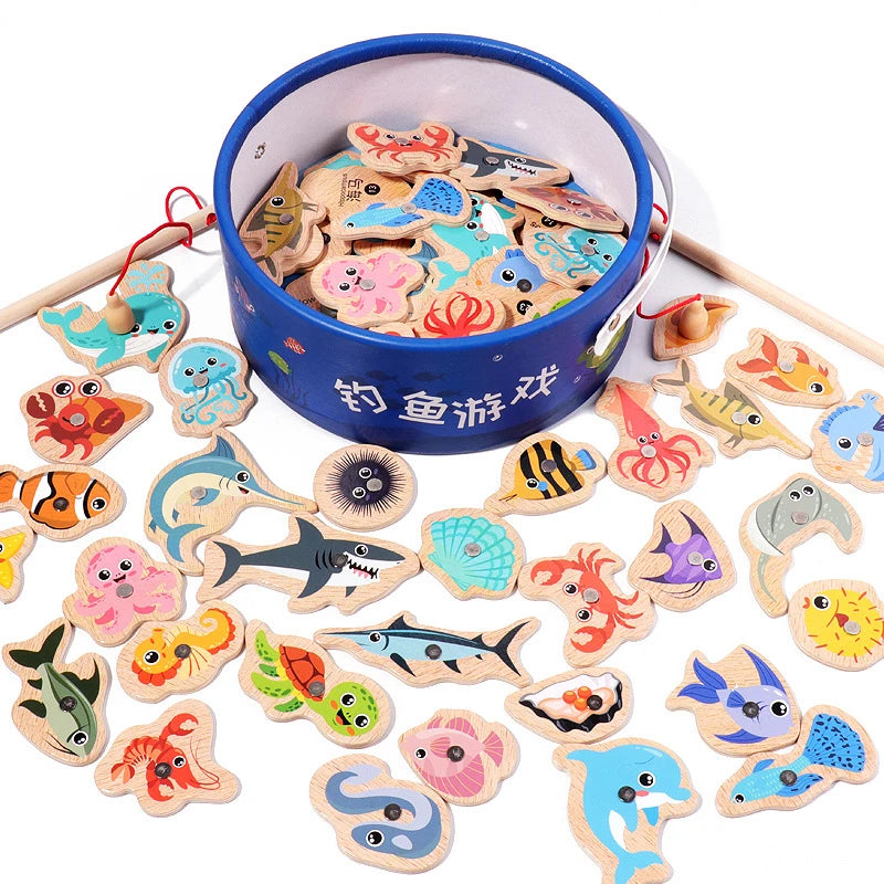 Wooden Magnetic Fishing Toys for Children Marine Life Learning Interactive Baby Game
