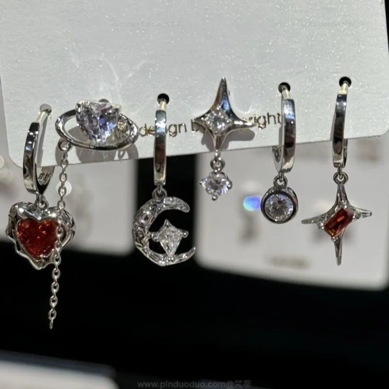 6-Piece Trendy Dark Butterfly Heart Star Cross Zircon Earrings Set for Women