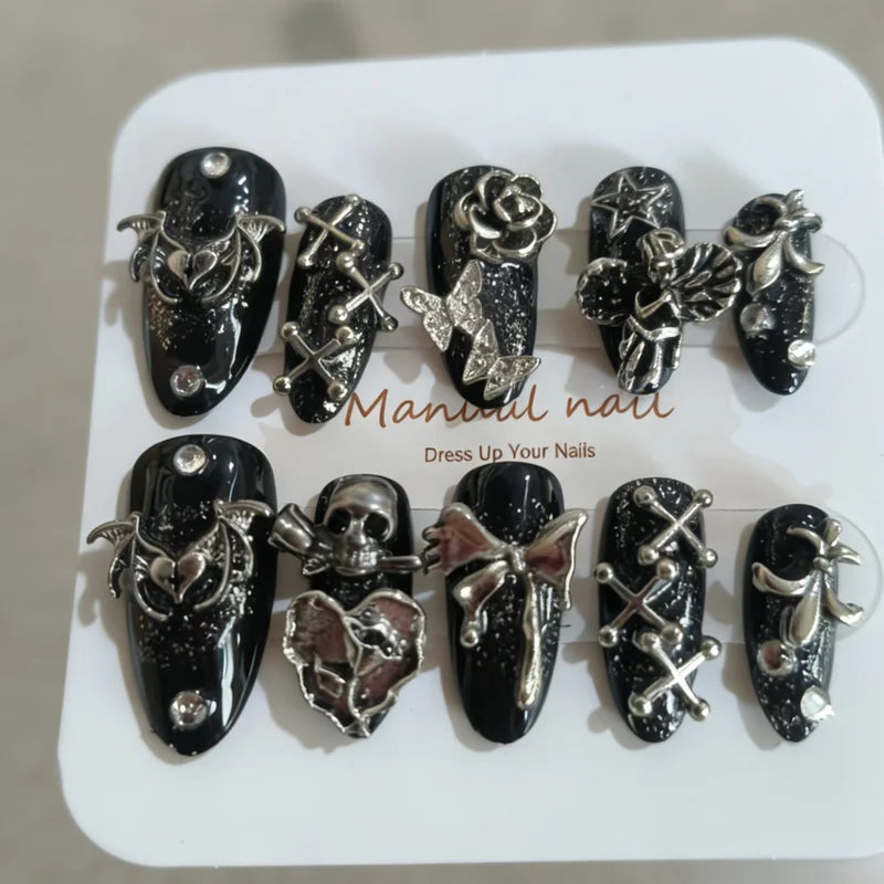 10 Pieces of Fake Almond-Shaped Nail Set - Gothic Wings & Roses