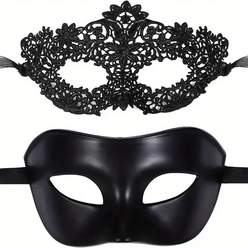 Black Lace Masquerade Mask Set for Couples - Venetian, Mardi Gras & Halloween