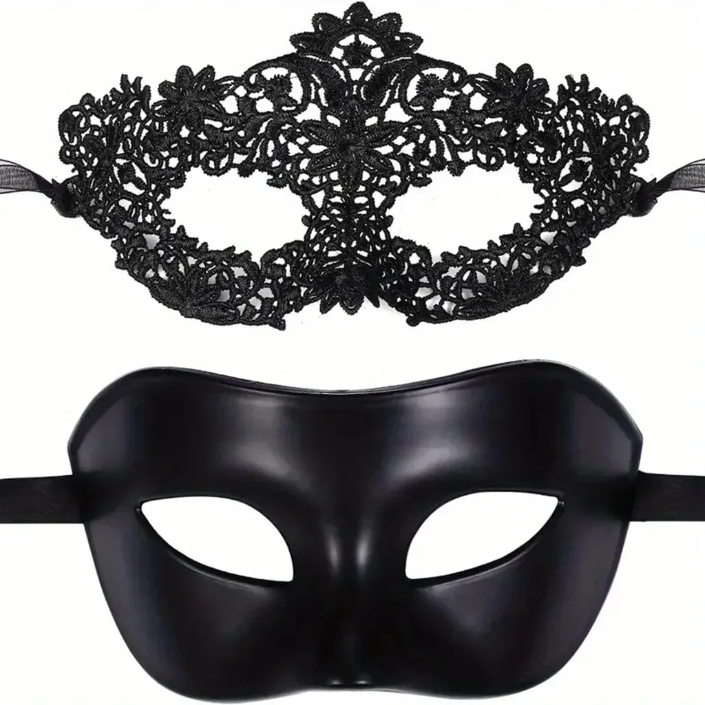 Black Lace Masquerade Mask Set for Couples - Venetian, Mardi Gras & Halloween