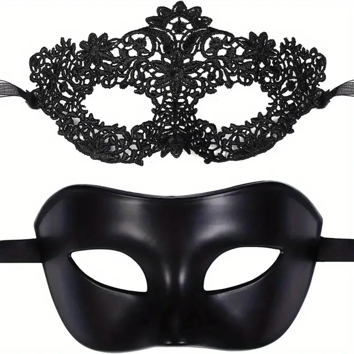 Black Lace Masquerade Mask Set for Couples - Venetian, Mardi Gras & Halloween