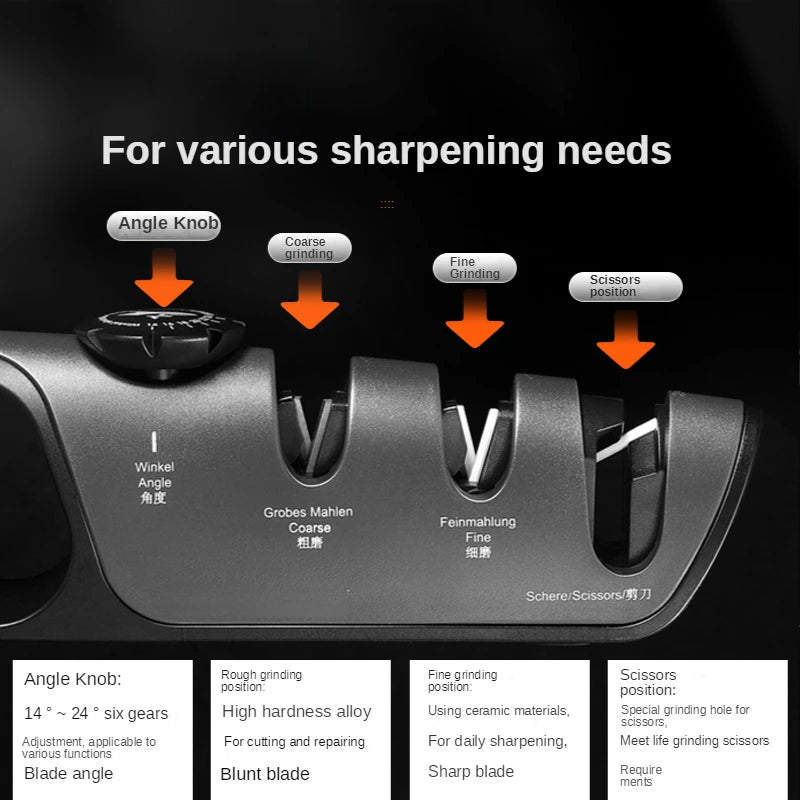 5-in-1 Adjustable Angle Kitchen Knife Sharpener with Scissor Blade Honing