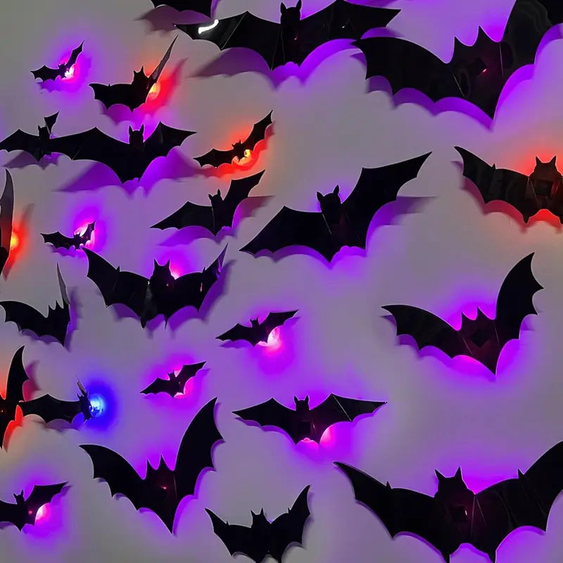 Halloween Bat and Spider Night Light Wall Sticker Set - Purple & Green 3D Decor