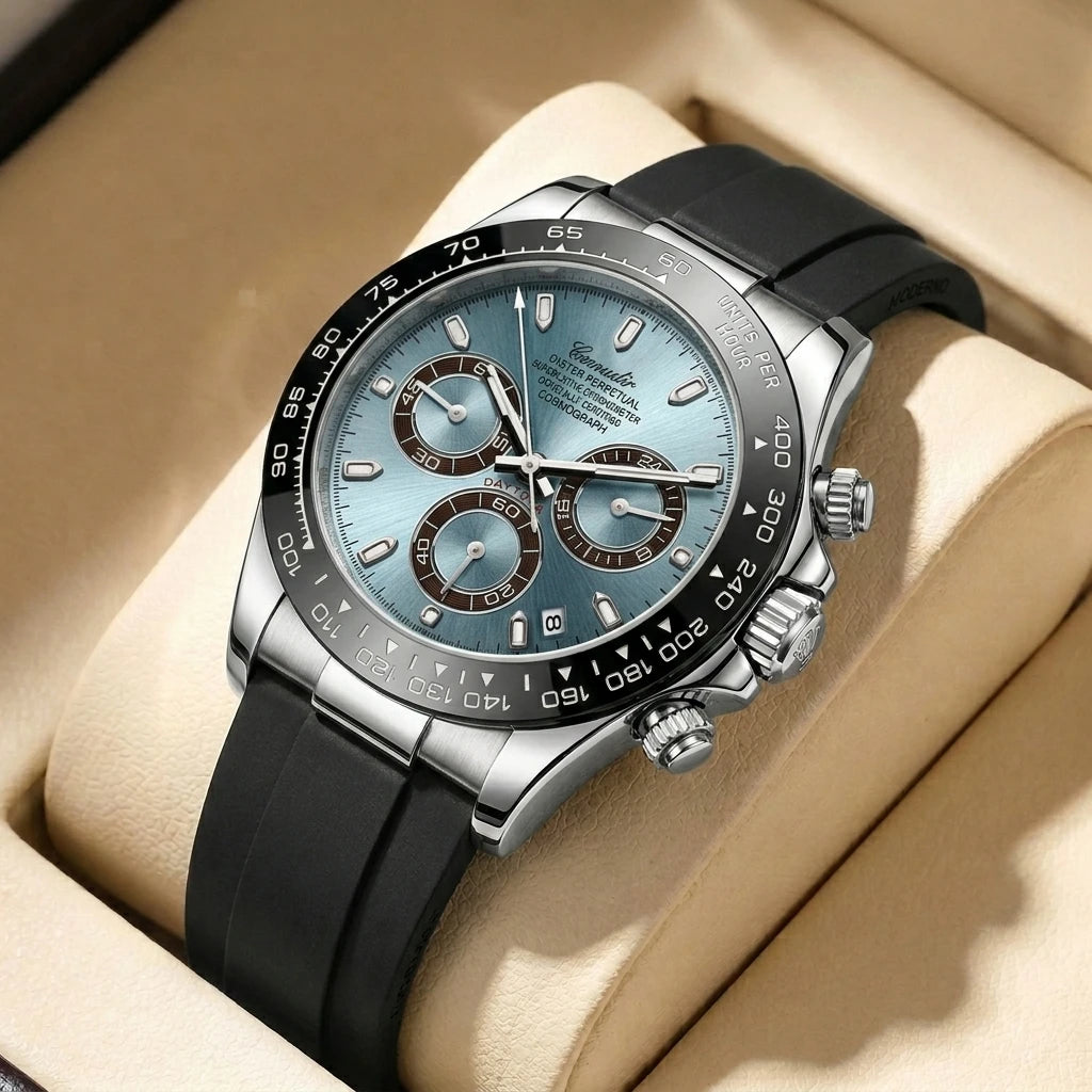 Men's Silver Steel Strap Trendy Business Quartz Watch with Multi-Function