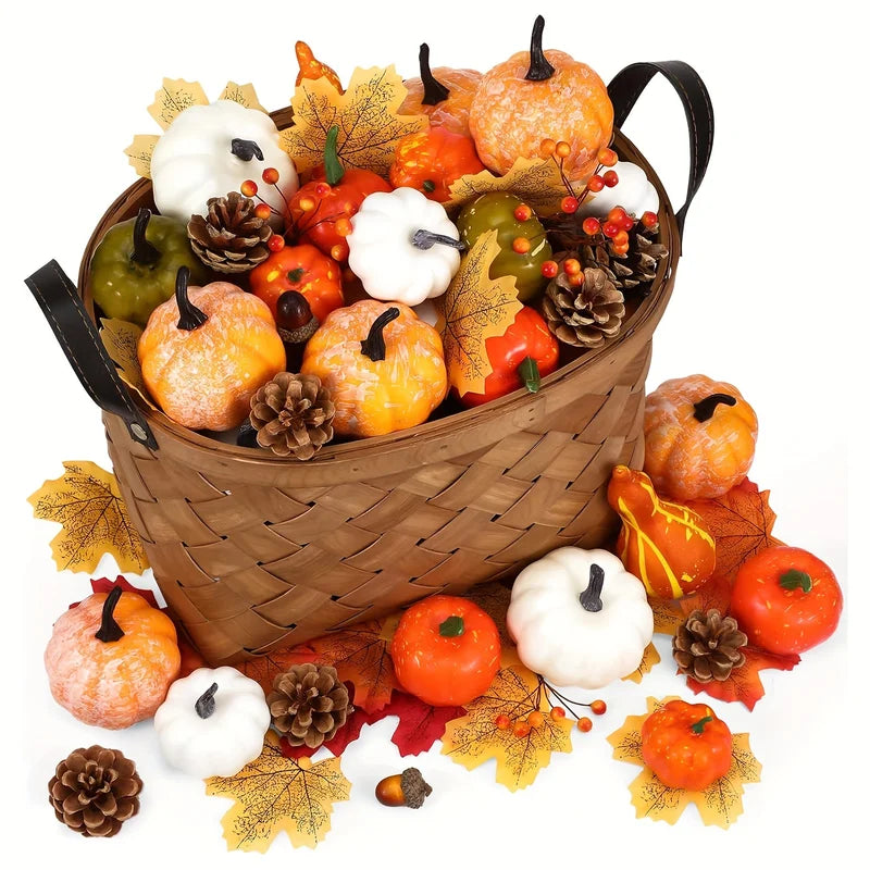 Thanksgiving Artificial Pumpkin Set with Leaves Acorns & Pine Cones for Autumn Decor