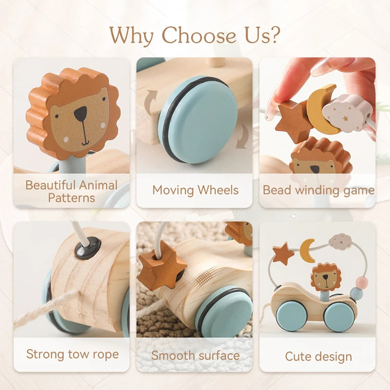 Montessori Wooden Baby Trailer Toys - Colorful Building Blocks & Dragging Car