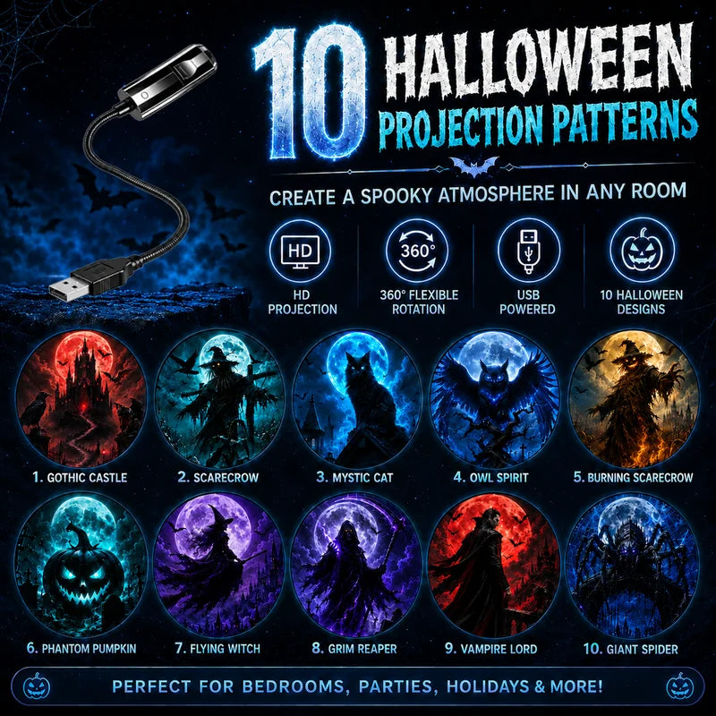 Halloween Themed 10-Pattern Projection Night Light for Ambient Decor