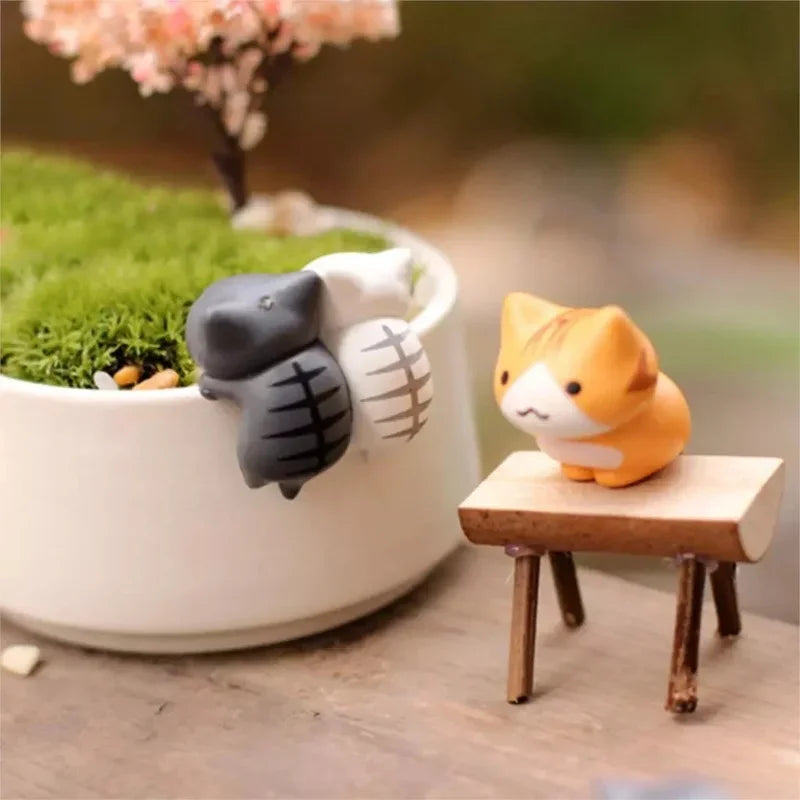 Miniature Lucky Cat Garden Decor Set - Resin Bonsai Landscape Ornaments - 6 Pcs