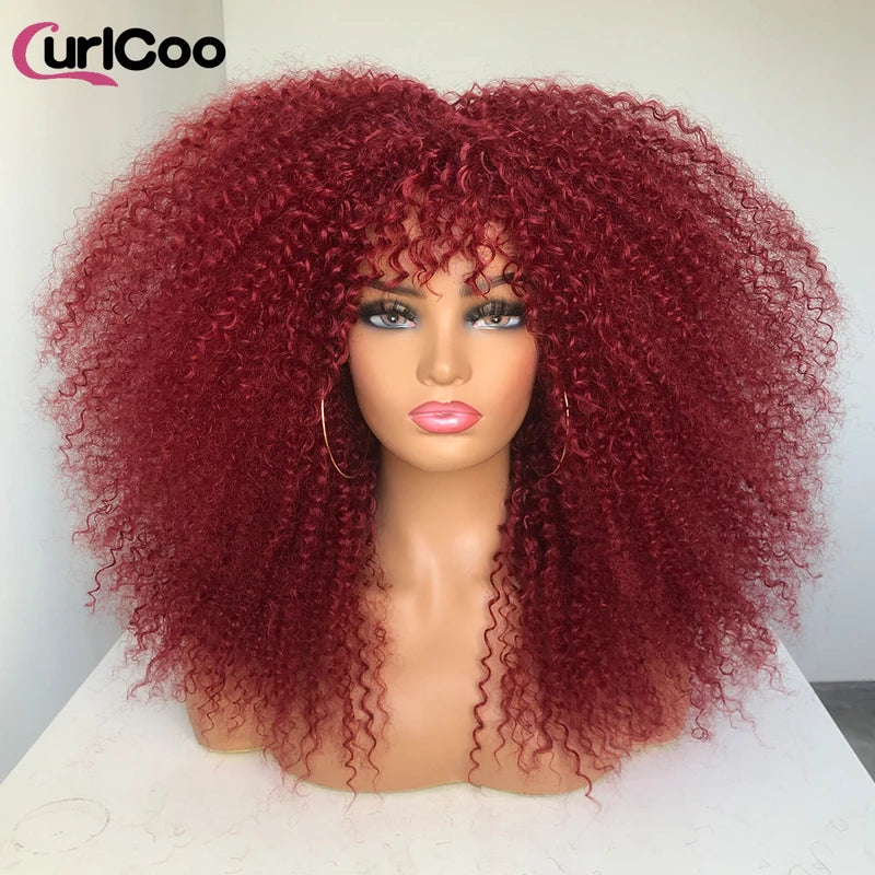 Curly Afro Wig with Bangs - Long Synthetic Curly Costume Wig for Daily Wear and Parties