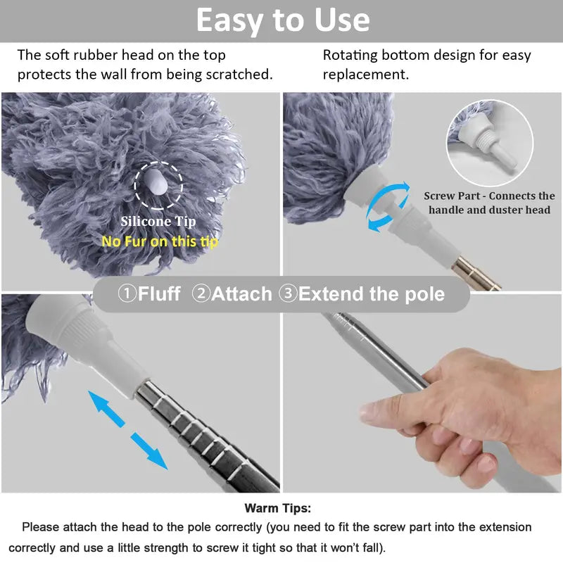 Extendable Microfiber Feather Duster with Bendable Head & Long Handle for Ceiling and Car Cleaning