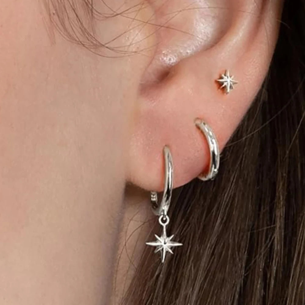3 Piece Star Drop Earrings Set for Women and Men - Stainless Steel, Gold Plated, Dangle Jewelry