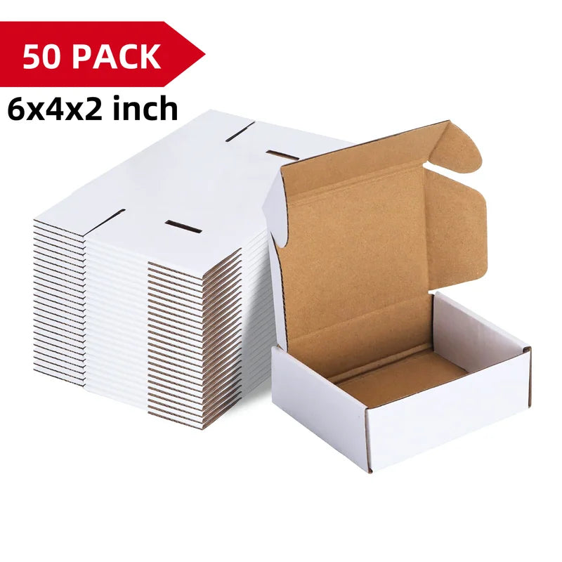 50 Pack Small Corrugated Gift Boxes 6x4x2 Inch White Cardboard Shipping Packaging