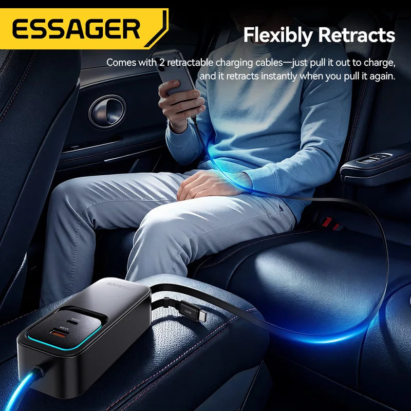 Dual Retractable Car Charger Cable 135W Fast Charging for iPhone, Samsung, Huawei, Laptop