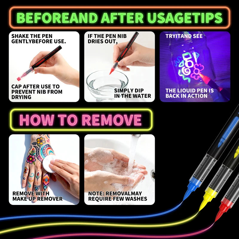 8-Color UV Fluorescent Body Paint Pens - Washable Glow Tattoo & Face Markers