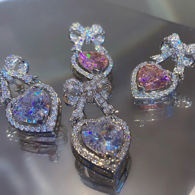 Pink Heart Shape Bowknot Stud Earrings with CZ Zircon for Women