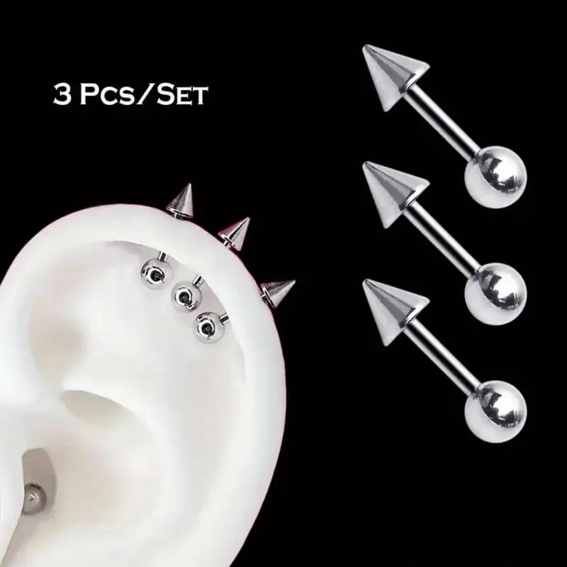 3 Pcs Stainless Steel Spike Stud Earrings Set Hypoallergenic Y2K Fashion Jewelry