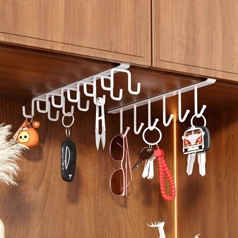 Kitchen Cabinet Bottom Shelf Hanging Hook - 6-Hook Cloth Organizer for Spatulas
