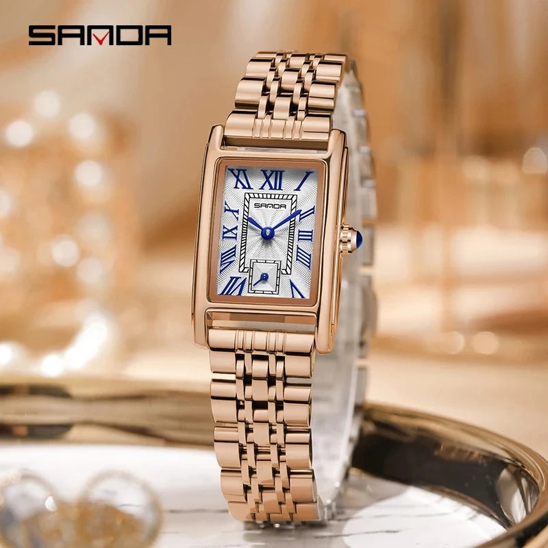 Women’s Elegant Rectangle Dial Quartz Wristwatch Waterproof Steel Leather Band