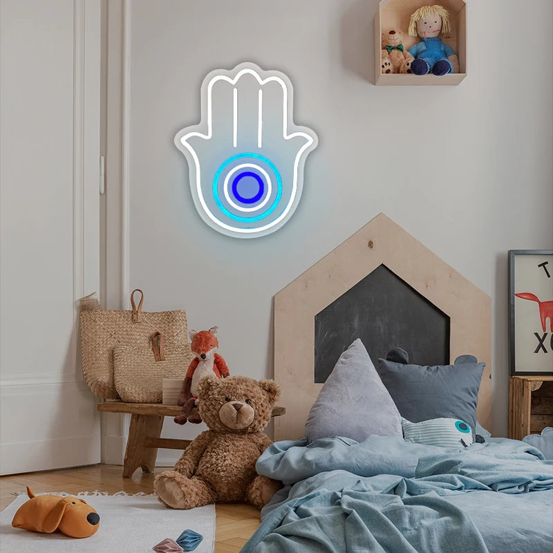 Hamsa Hand Evil Eye Neon Wall Light USB LED Sign for Bedroom Living Room Decor