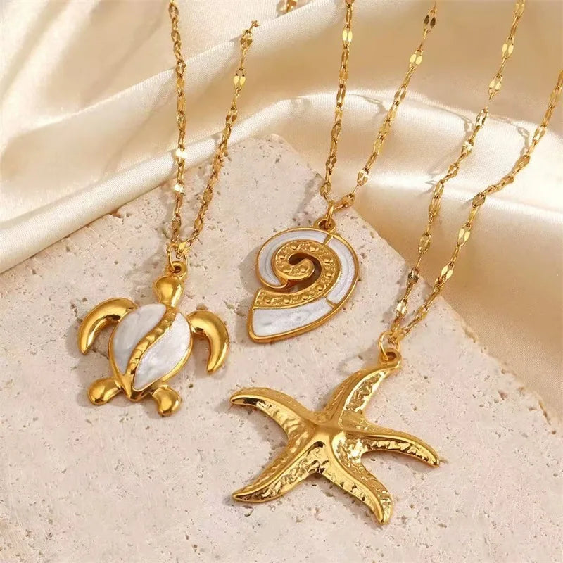 Ocean-Inspired Pearl Shell Starfish Sun Charm Necklace for Women – Gold Plated Handmade Jewelry