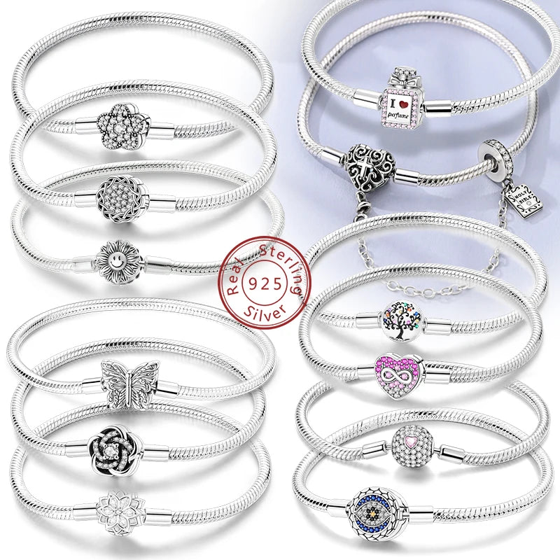 Sterling Silver Beaded Bracelet for Women with Heart and Butterfly Charms