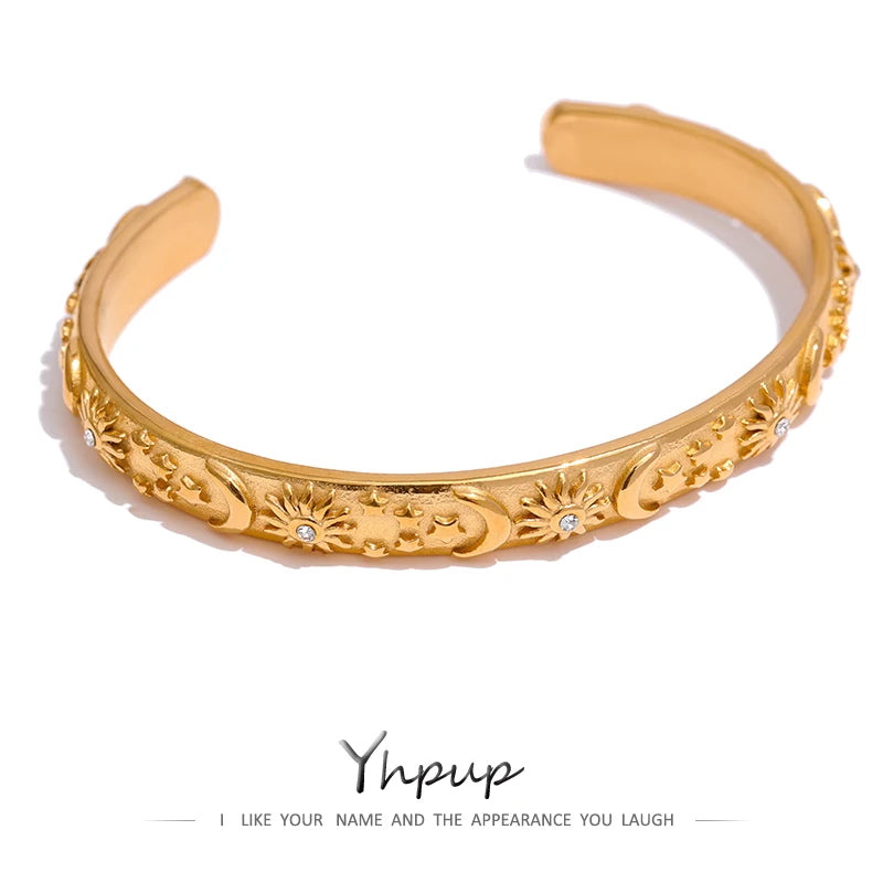 Golden Moon Star Sun Metal Bangle Bracelet for Women - Stylish Open Wrist Accessory
