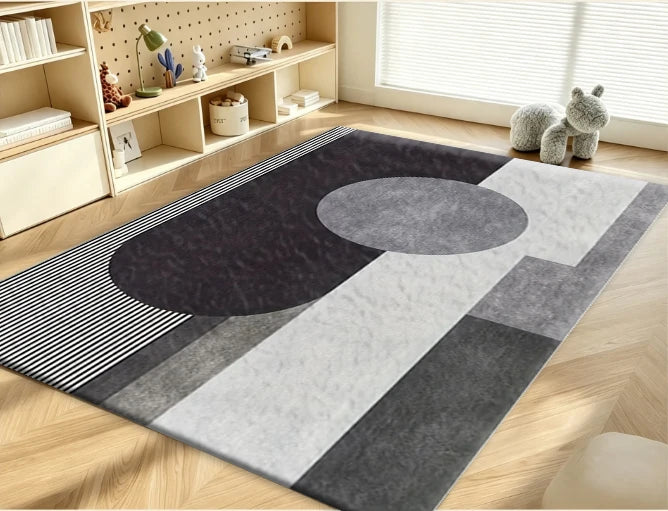 Monochrome Geometric Oval Area Rug Non-Slip Floor Mat for Living Room & Bedroom