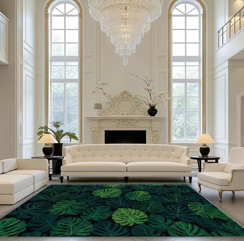 Large Jungle Rug with Monstera Leaf Pattern - Non-Slip Washable Green Botanical Living Room Carpet