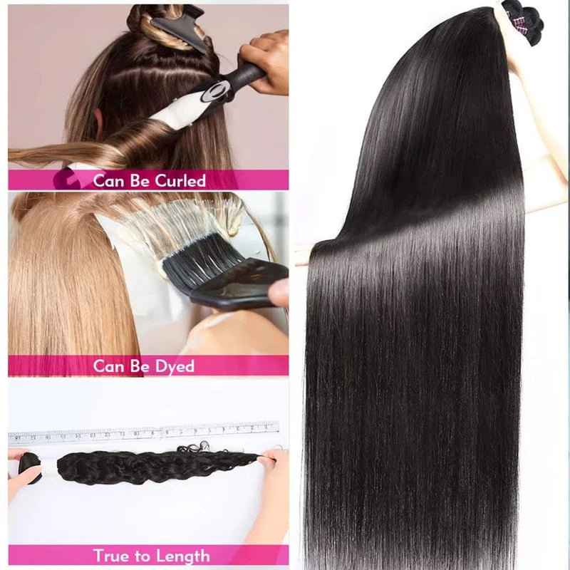 Bone Straight Brazilian Human Hair Weave Bundles 14-32 Inch Natural Black Remy Extensions